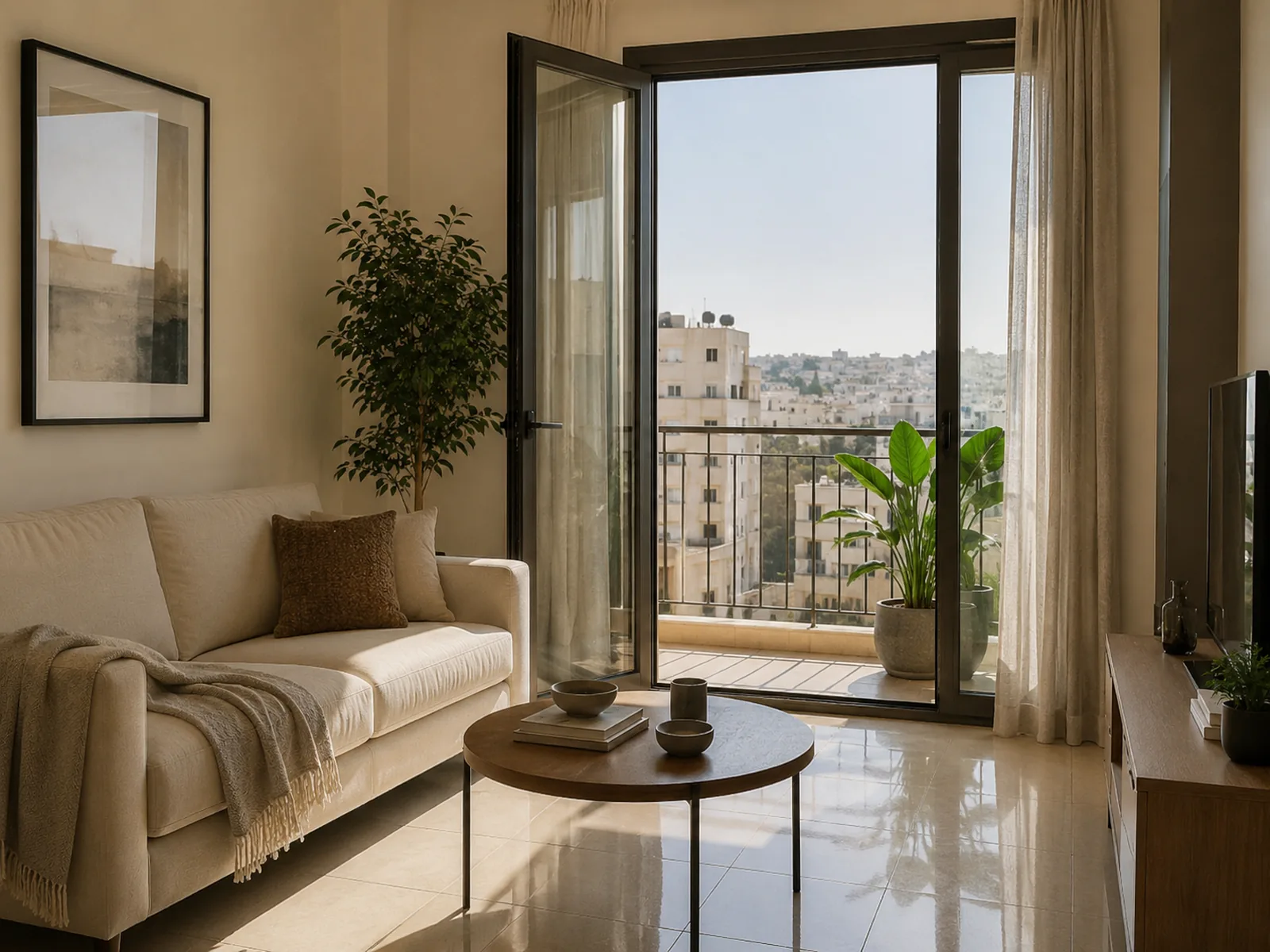 A tidy apartment living room with balcony light