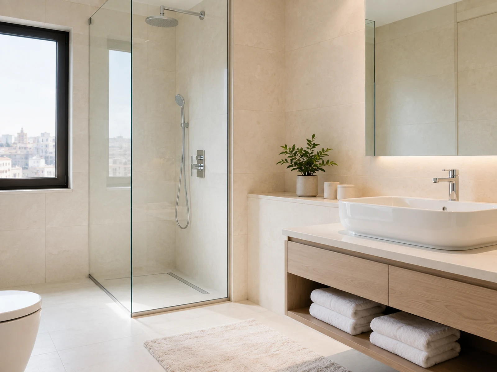A spotless bathroom with a clear glass shower screen