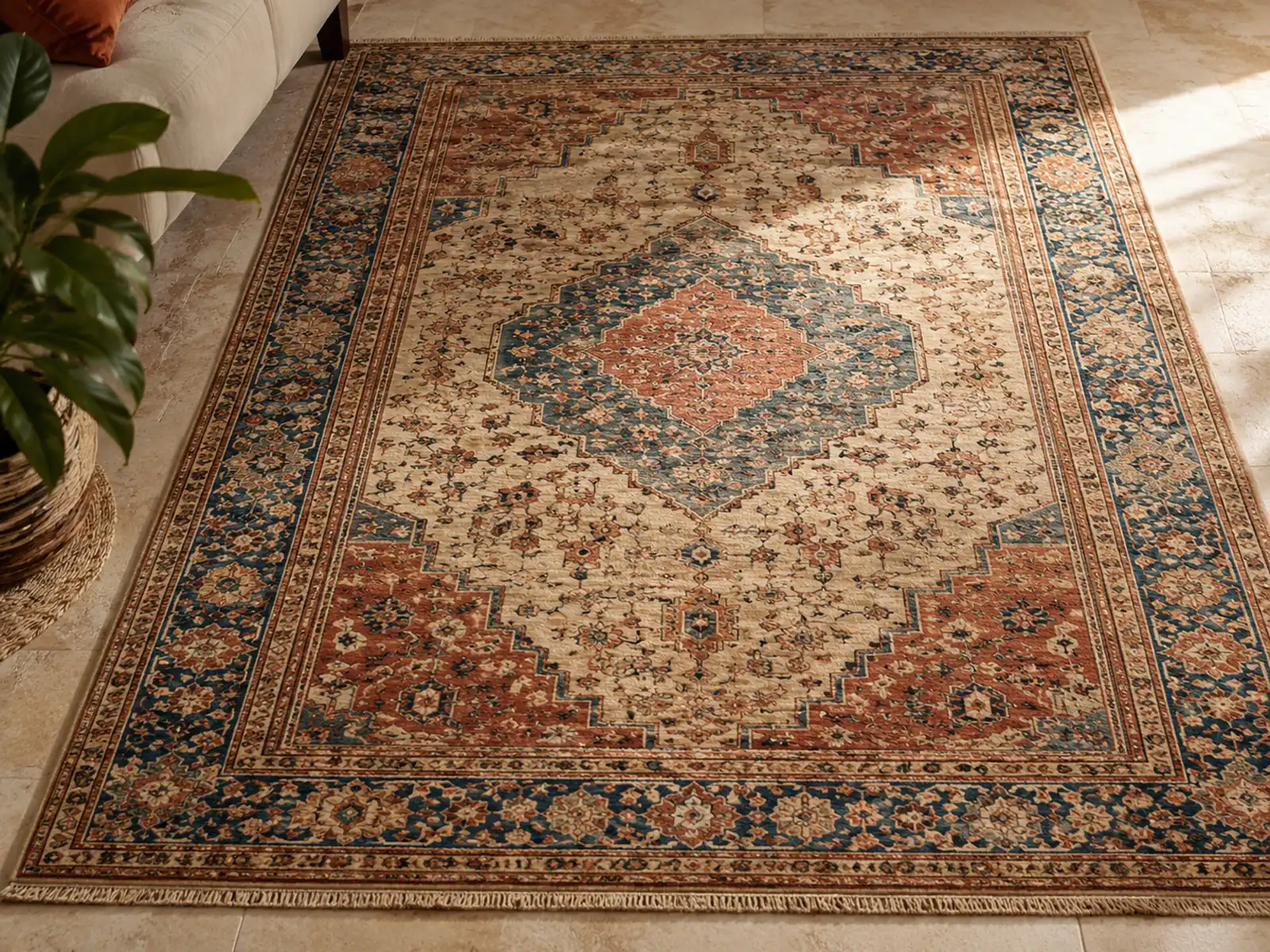 A patterned rug part way through cleaning, colours brighter on one side