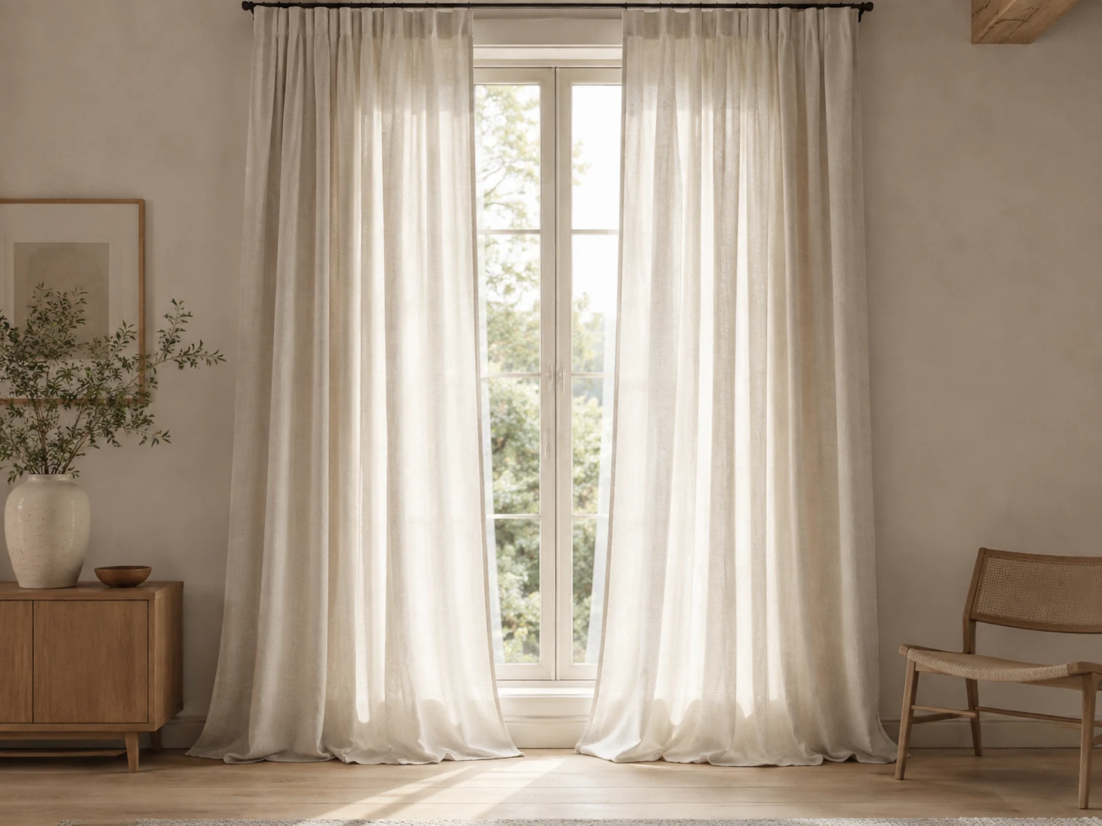 Full length curtains being steam cleaned in daylight