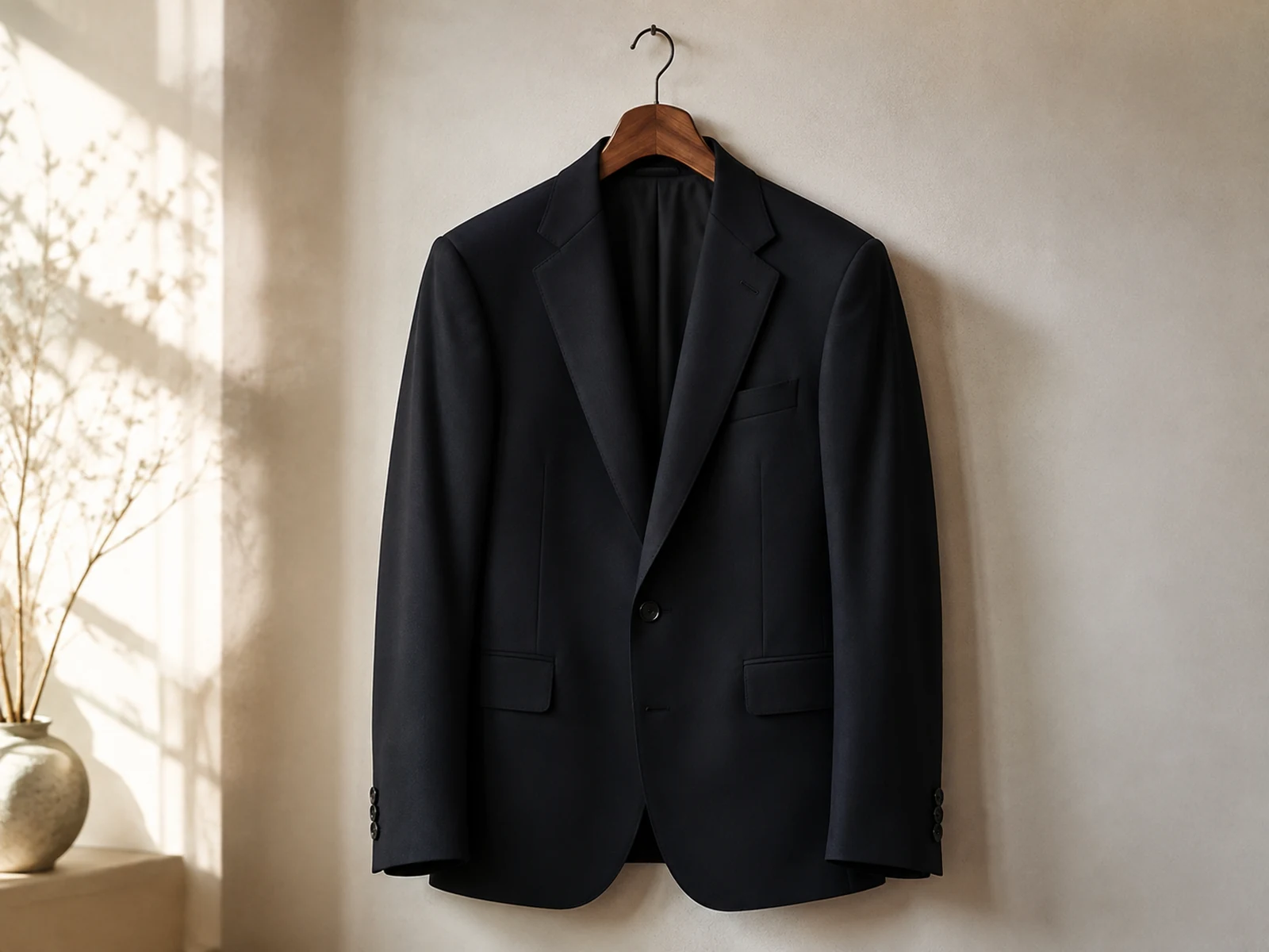 A pressed formal jacket on a wooden hanger