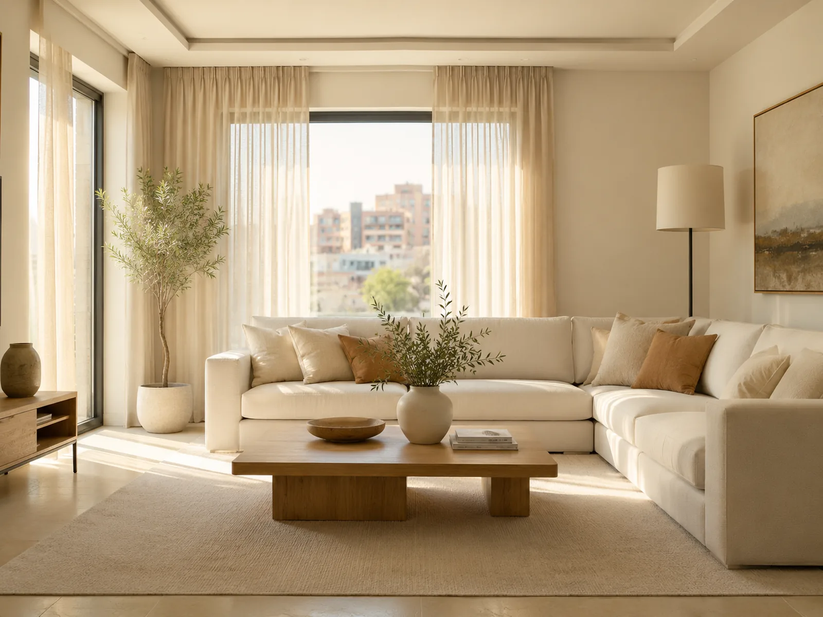 A cleaner wiping down a surface in a bright living room