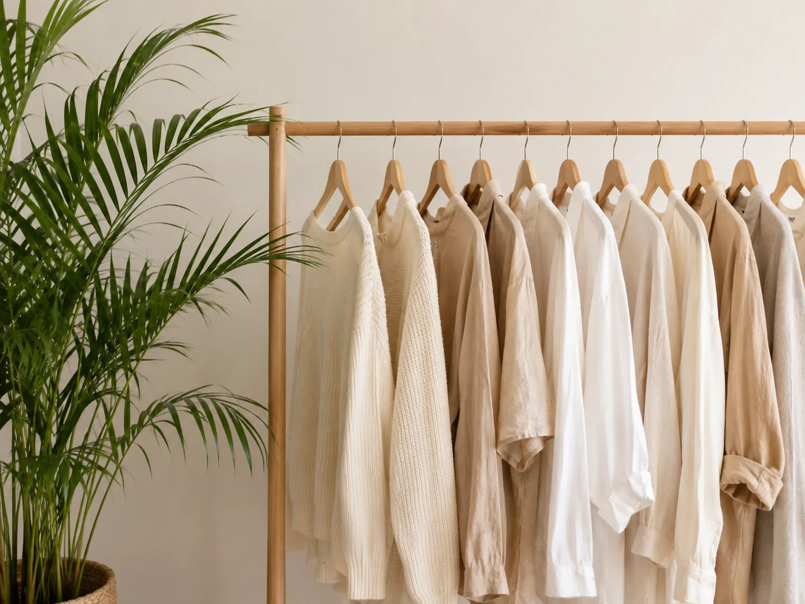 Freshly pressed shirts on wooden hangers in daylight