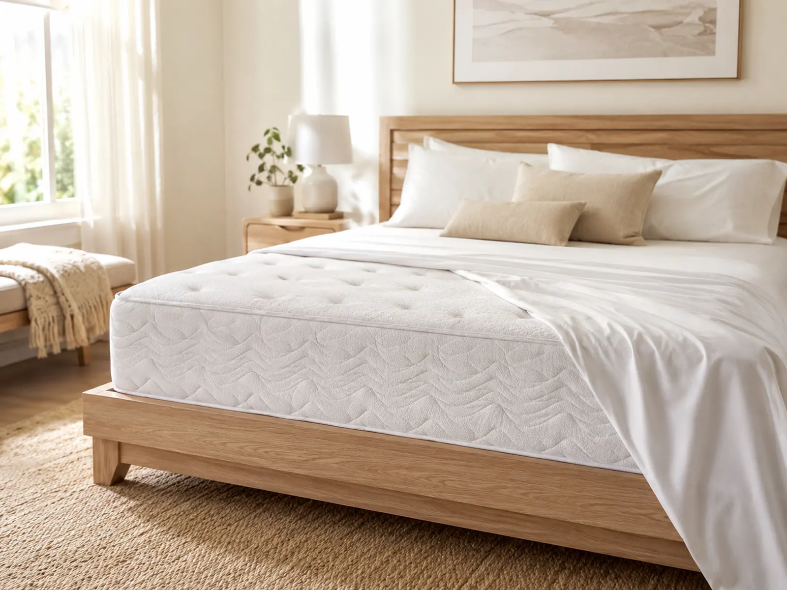 A stripped mattress being cleaned in a bright bedroom
