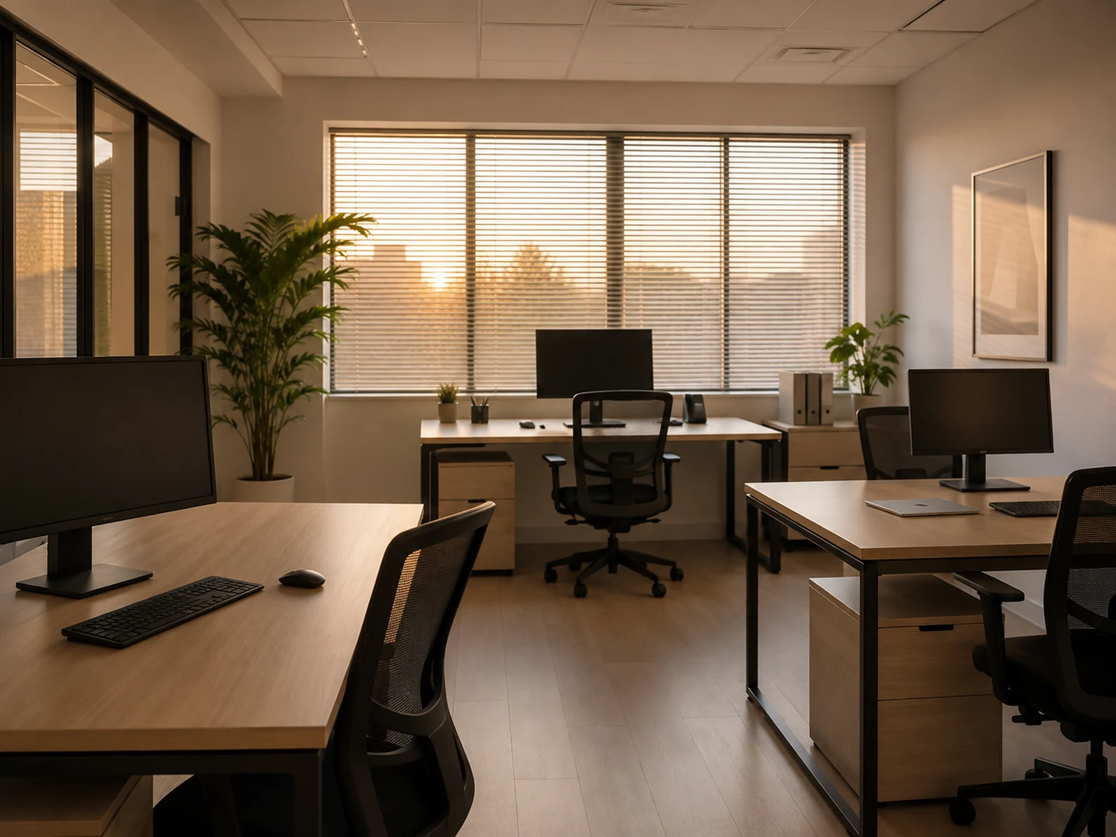 A small tidy office with empty desks out of hours
