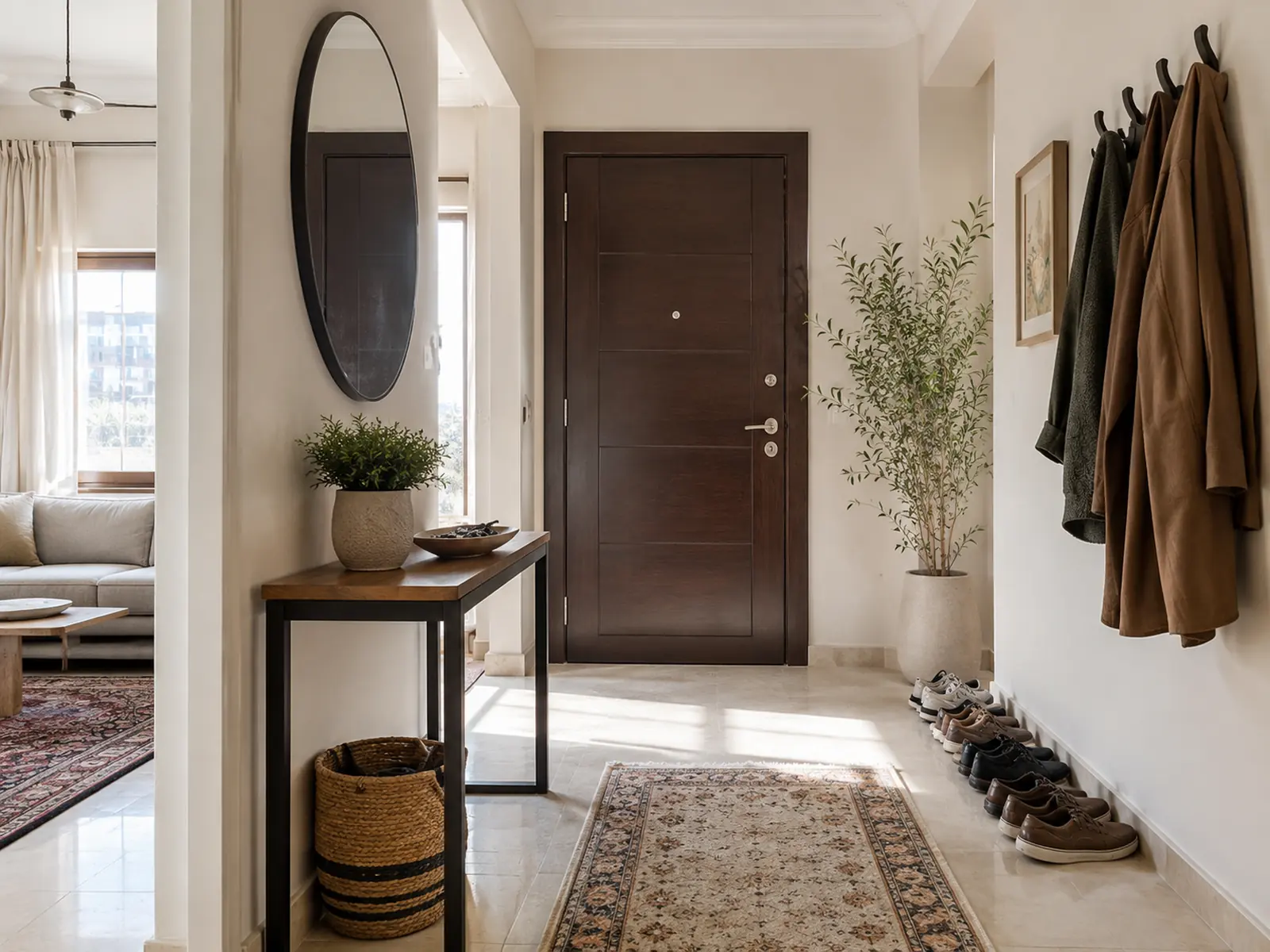 A cleaner arriving at a front door with a cleaning caddy