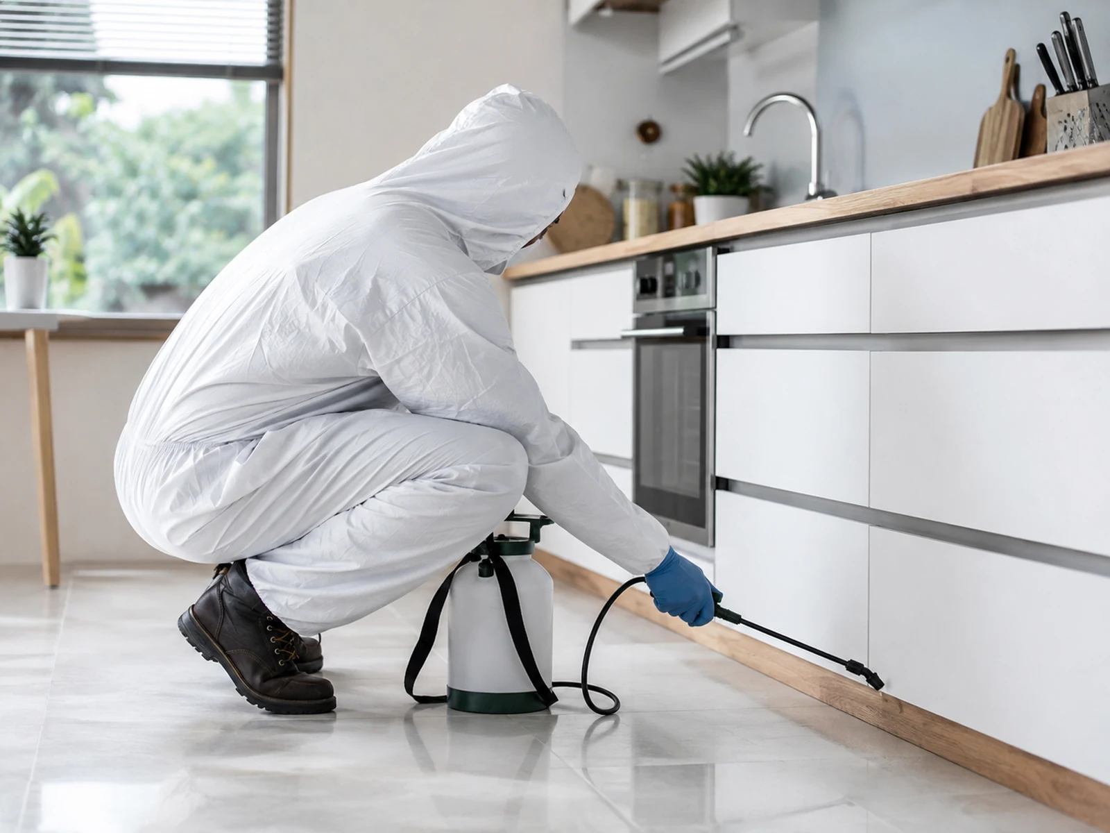 A technician applying treatment along a skirting board