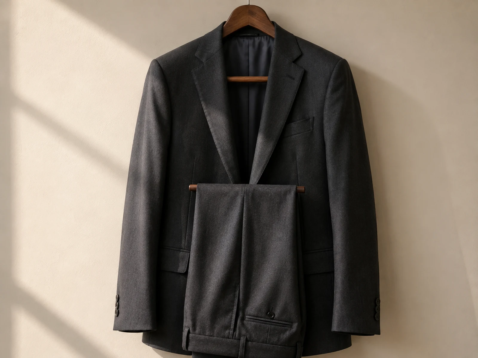 A two piece suit on a hanger against a light wall