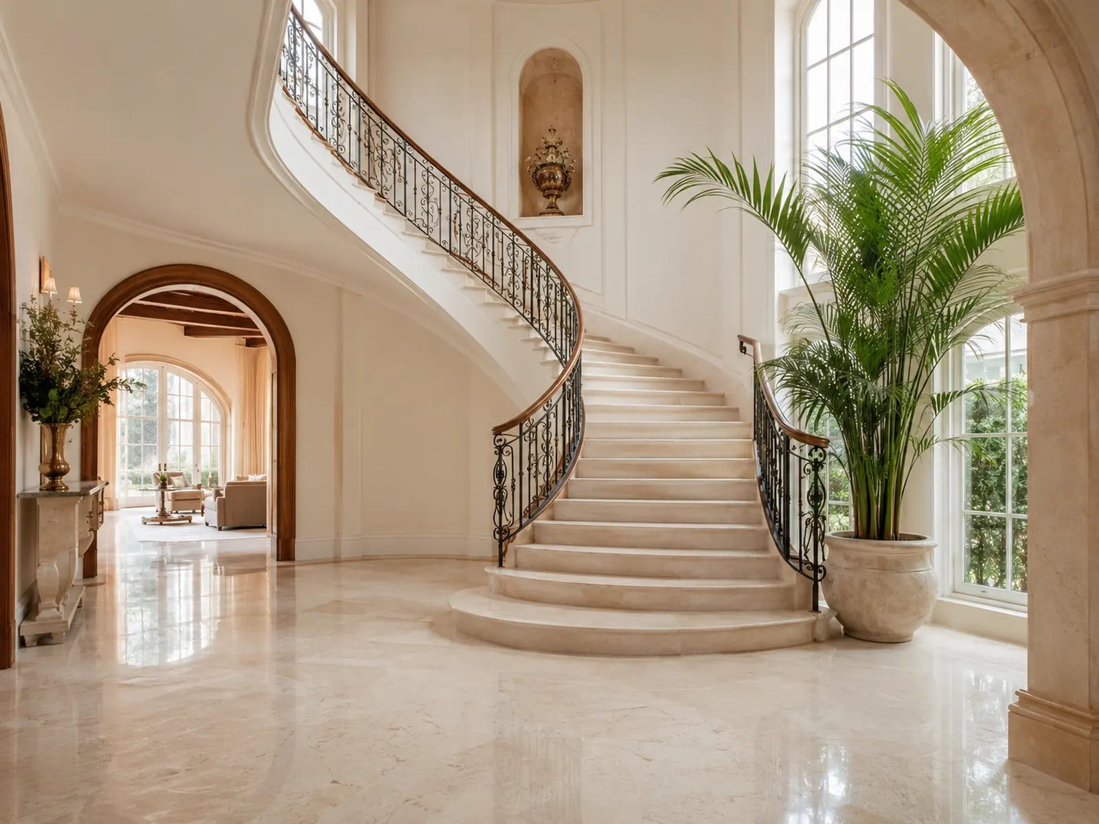 A large villa hallway and staircase after cleaning