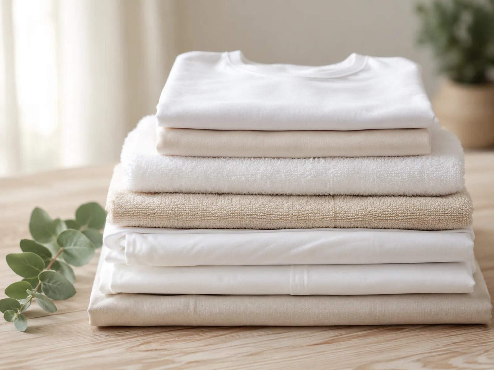 A neat stack of folded towels and bed linen