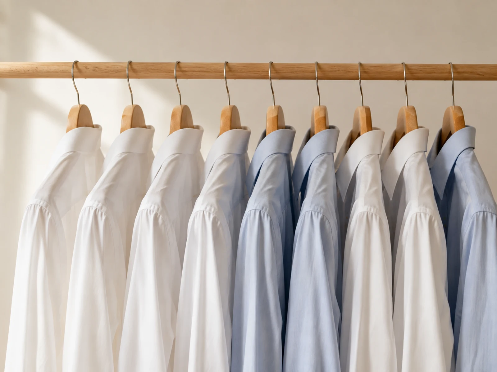 A row of pressed shirts on hangers with aligned collars